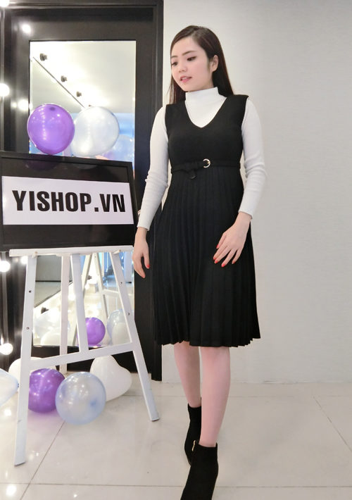 YB1101 Set bộ váy yếm xếp ly xòe + áo len dệt kim cổ lọ