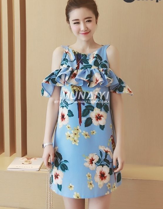 YV022 Váy Hoa Suông Rớt Vai Bèo Ngang
