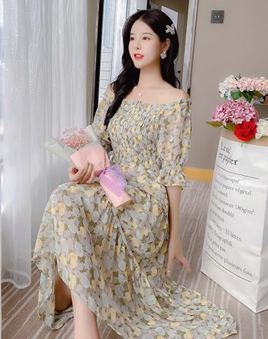 D215 : Váy voan hoa ngực thun xòe dễ thương tay lửng