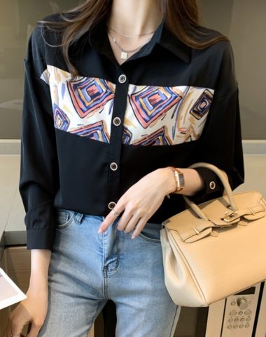 A285 : Áo sơ mi chiffon HQ phối hoa văn ngực cổ bẻ