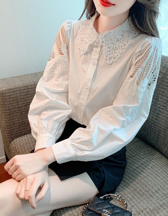 A359 : Áo sơ mi thô cotton phối tay và cổ ren hoa