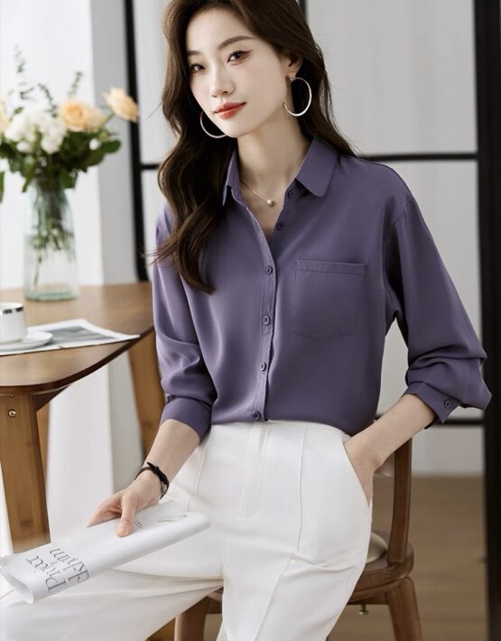 A420 : Áo sơ mi HQ tím cổ bẻ đơn giản túi 1 bên